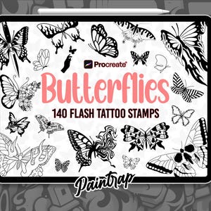 May include: A digital tablet displays a collection of 140 flash tattoo stamps featuring various butterfly designs in black and white. The word "Butterflies" is in pink, with the "Paintrap" logo at the bottom.