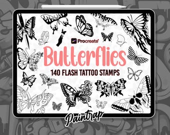 May include: A digital tablet displays a collection of 140 flash tattoo stamps featuring various butterfly designs in black and white. The word "Butterflies" is in pink, with the "Paintrap" logo at the bottom.