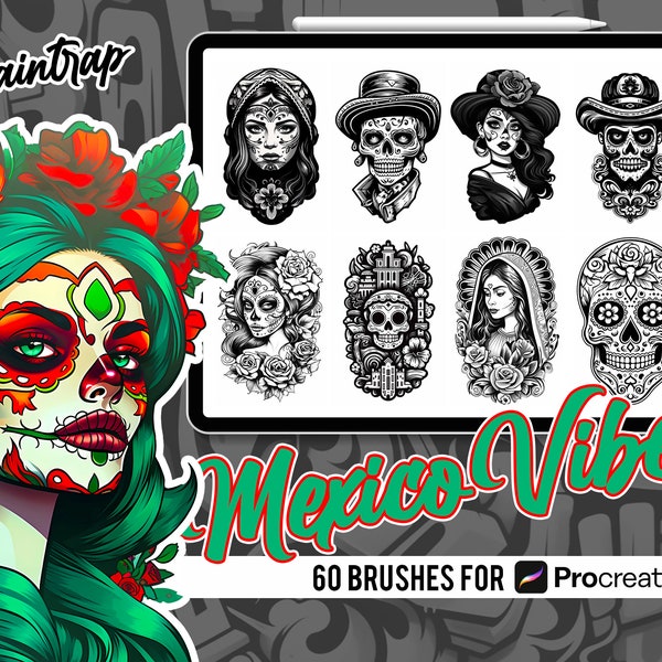 Mexican Vibes Stamp Brushes for Procreate - 60 Mexican Style Skull Women Stamp Brushes Pack - Instant Digital Download