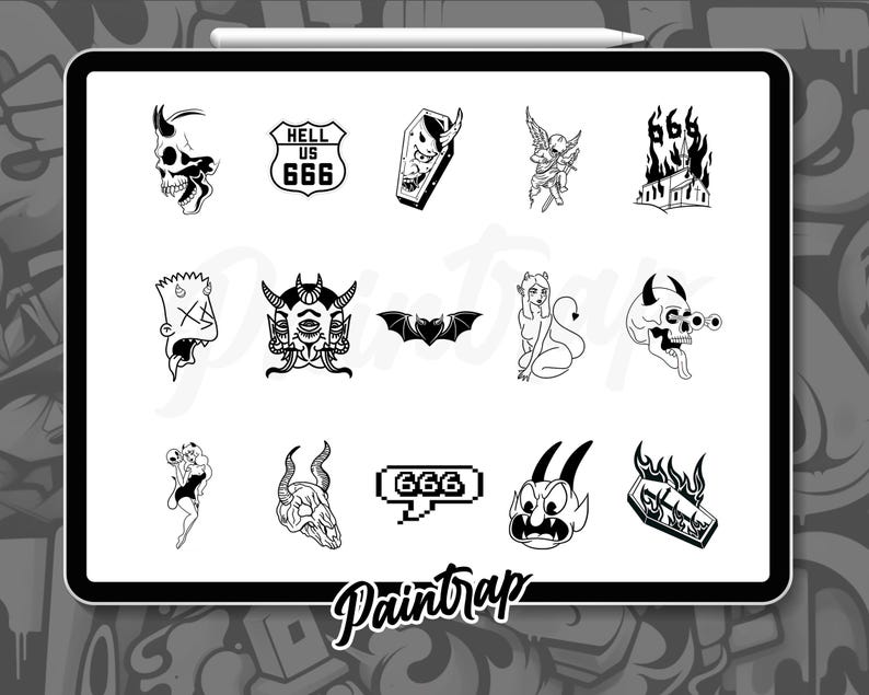 Devil Satan Flash Tattoo Procreate Stamps - 100 Devil Hell Horror ...