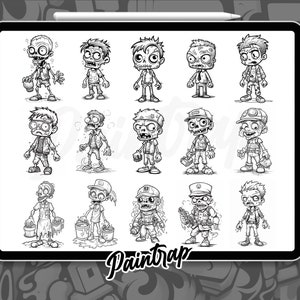 Puede incluir: Un conjunto de 15 ilustraciones en blanco y negro de zombies de dibujos animados en varias poses. Los zombies est&aacute;n dibujados en un estilo simple y de dibujos animados y tienen rasgos exagerados, como ojos y bocas grandes. Las ilustraciones son perfectas para usar en una variedad de proyectos, como sitios web, redes sociales o materiales impresos.