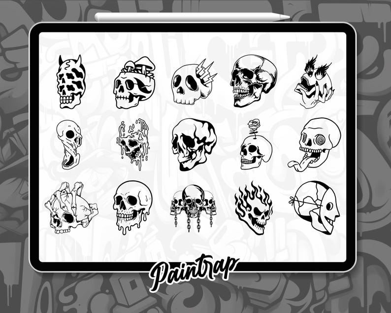 Skull Flash Tattoo Procreate Stamps - 100 Skull Skeleton Bones Horror ...