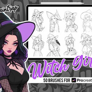 Anime Witch Girls Stamp Brushes for Procreate - 50 Anime Manga Witch Girls Portrait Guide Stamp Brushes Pack - Instant Digital Download