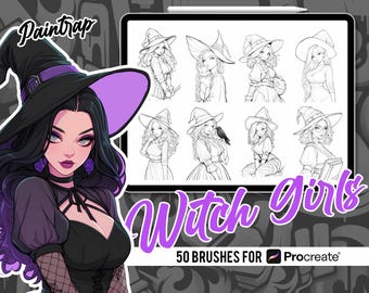 Procreate用アニメ魔女っ子スタンプブラシ - アニメマンガ魔女っ子ポートレートガイドスタンプブラシ50種類パック - インスタントデジタルダウンロード