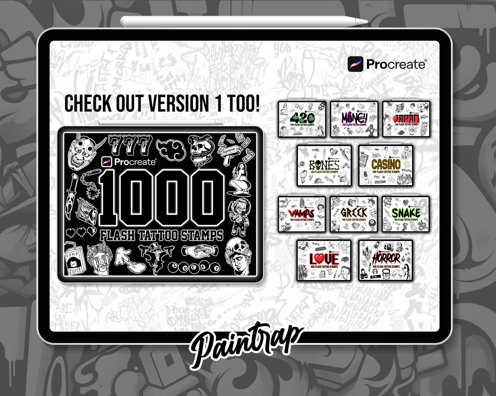 Procreate Flash Tattoo Stamps Bundle Vol 2 - 1000+ Flash Tattoo Style ...