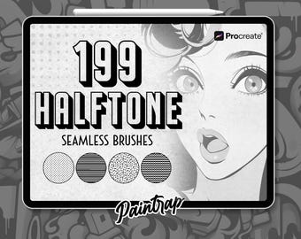 Pode incluir: Uma ilustração digital de um rosto de mulher em estilo de banda desenhada com o texto "199 Halftone Seamless Brushes" e um logotipo para Procreate e Painttrap.