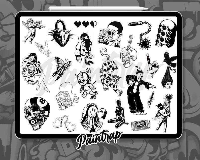Procreate Flash Tattoo Stamps Bundle Vol 2 - 1000+ Flash Tattoo Style ...