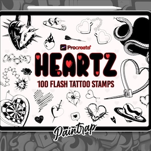 May include: A digital art display on a tablet featuring black and white tattoo flash stamps. The design includes hearts, chains, snakes, and other symbols. The text "HEARTZ 100 FLASH TATTOO STAMPS" is displayed in the center, with the "Procreate" logo.
