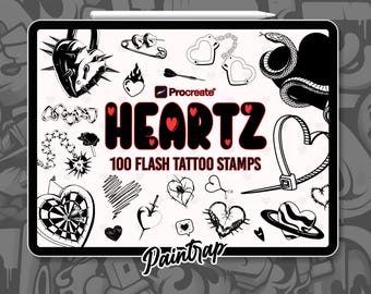Heart Flash Tattoo Procreate Stamps - Confezione da 100 pennelli per tatuaggi a forma di cuore con riferimento a San Valentino - Download digitale istantaneo