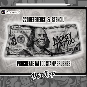 Pode incluir: Uma tela de tablet digital exibindo um conjunto de pincéis de carimbo para tatuagem Procreate intitulado 220 REFERENCE & STENCIL. O gráfico central apresenta uma nota de 100 dólares em preto e branco com o texto MONEY TATTOO.