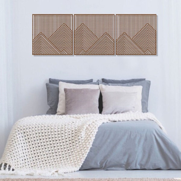 Minimalist Wall Decor Set of 3 Geometric Mountain view Lines Panel Wood Wall Art, Nursery Sign Picture Living Room, Asymmetric Wood Panel