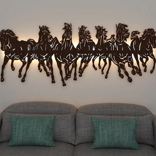 Décoration murale de 7 chevaux, bel art mural, décoration d'intérieur, suspension murale en bois avec lumière LED, cadeau pour amateur de chevaux, décoration murale de chevaux