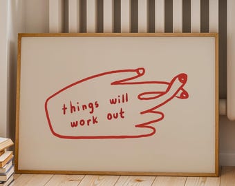 Things Will Work Out Print | Red Line Art Hand Poster (Digital Download)