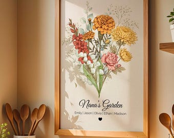 Lámina personalizada con la flor de nacimiento de la abuela, decoración de pared personalizada para el jardín familiar (descarga digital)
