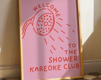 Shower Karaoke Club Bathroom Wall Art, Funny Bathroom Print, Pink Shower Decor, Quirky Bathroom Printable, Retro Wall Art