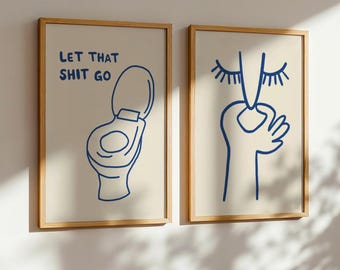 Funny Toilet Quote Line Art Prints | Blue Minimalist Bathroom Gallery Wall Bundle (Digital Download)
