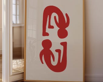 Lámina decorativa abstracta para pared con formas minimalistas rojas, arte moderno y contemporáneo.