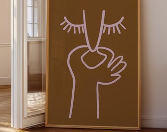 Abstract Face Line Art Print | Minimalist Brown Pink Wall Art (Digital Download)