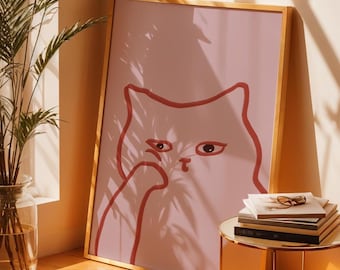 Illustrazione minimalista rosa di Grumpy Cat, arte meme sarcastica (download digitale)