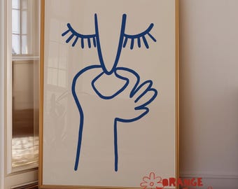 Lámina minimalista de líneas azules / Divertida decoración para el baño, póster de alguien tapándose la nariz (descarga digital)