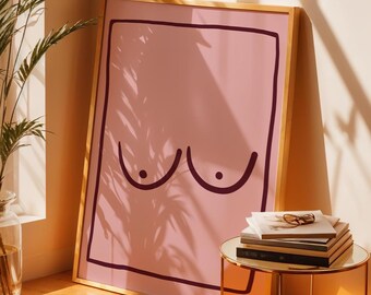 Arte de pared minimalista y descarado, imprimible, arte lineal de senos, decoración divertida para el baño