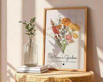 Impresión personalizada de flores de nacimiento, ramo familiar personalizado, regalo para el Día de la Madre (descarga digital)