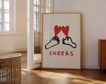 Lámina minimalista con la frase "Cheers", diseño romántico de líneas, corazones formados por una pareja (descarga digital).