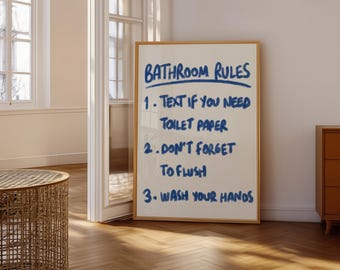 Letrero divertido para imprimir con las reglas del baño, ideal para decorar el baño de invitados.
