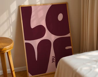 Abstract Love Wall Art Printable, Burgundy Pink Typography Print, Romantic Bedroom Decor, Digital Download