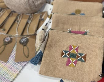 Hand Embroidered Cotton Coin Pouch: Oversized Zip Bag