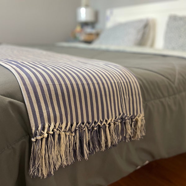 Striped and Solid Throw - 3 Designs - Hand Woven Blanket  - Handmade - Blue - Light brown - Dark brown