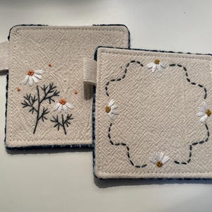 Embroidered Coasters - Cloth Coasters - Flower Coasters - Cream and Blue