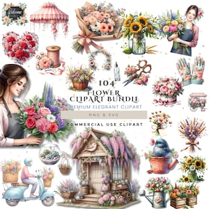 Paquete de 104 imágenes prediseñadas de flores PNG SVG / Imágenes prediseñadas florales de acuarela premium / Conjunto de imágenes prediseñadas de ramos de jardinería por sublimación