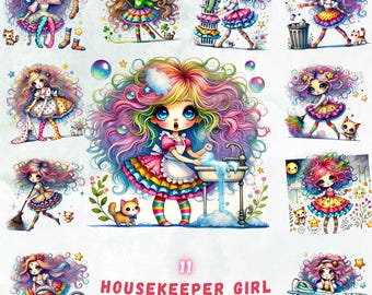 Bunt Haushälterin Clipart Bundle | Regenbogen Haarputzpuppe PNG Set | Kawaii Maid Girl Kunst für Sublimation & Bastelprojekte
