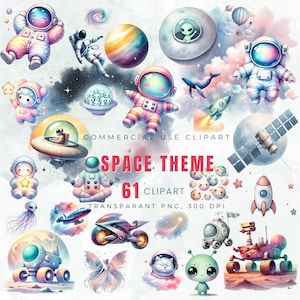 Paquete de imágenes prediseñadas de astronautas y el espacio: arte digital del universo galáctico, cohetes, ovnis, ilustraciones adorables, uso comercial