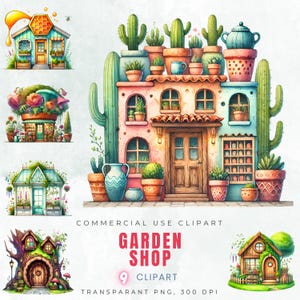 Pacote de clipart de loja de jardinagem, estufa PNG, ilustração de loja botânica, arte digital de loja floral, clipart cottagecore, PNG de 300 DPI
