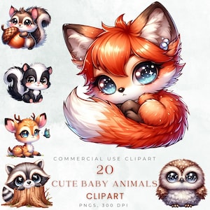 Baby Forest Animal Clipart – Woodland Animals PNG, Watercolor Nursery Animal Set, Cute Digital Download for Baby Shower & Wall Art