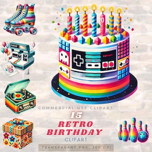Bundle de cliparts anniversaire rétro - 15 fichiers PNG nostalgiques - éléments de fête vintage des années 80 et 90 - téléchargement numérique pour créations manuelles et conception