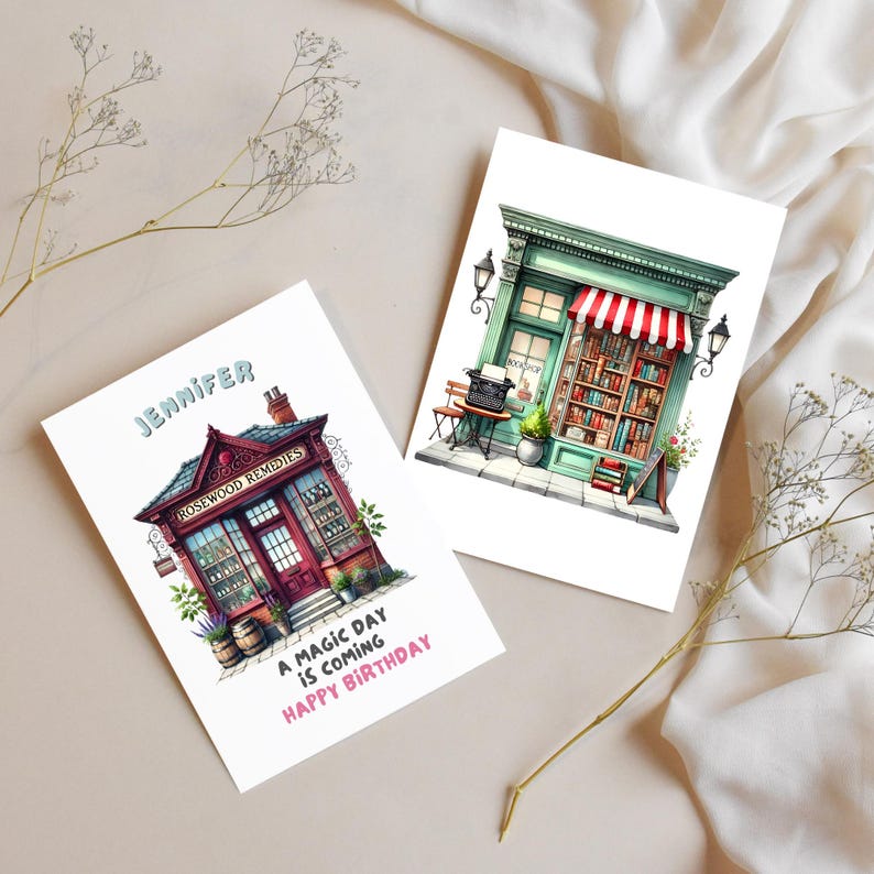 Two greeting cards featuring whimsical vintage shop illustrations. One card showcases a bookstore, while the other displays an apothecary. Designed for birthdays and special occasions, perfect for personalized gifts, scrapbooking, and crafts.