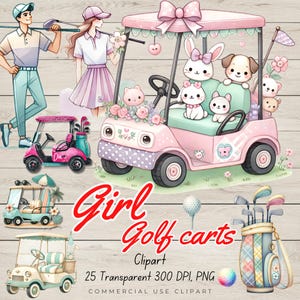 ガーリーなゴルフカートのクリップアート バンドル - 動物たちをあしらったかわいいパステルカラーのゴルフ デザイン、クラフト用 PNG ファイル、透明な 300 DPI 画像 25 枚