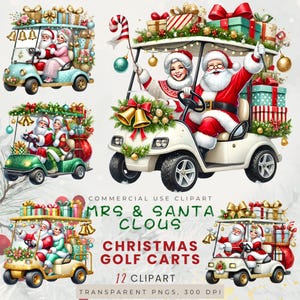 サンタクロース夫人のクリスマス ゴルフ カート クリップアート バンドル – 透明な背景のお祝いホリデー PNG、クリスマスをテーマにしたイラスト 12 点