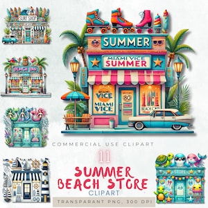 Clipart de tienda de playa de verano, PNG de tienda de playa retro, arte digital de verano costero, ilustración de tienda de surf tropical, gráficos de bar de playa, Miami de los 80