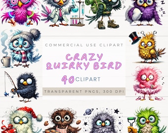 May include: A set of 40 digital clipart images featuring quirky, cartoon birds with various expressions and accessories. The birds are in a variety of colors, including pink, blue, yellow, green, and purple. The clipart is perfect for adding a fun and whimsical touch to your projects.