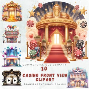 Luxurious Casino Front View Clipart Bundle | Digital Download | 10 PNGs, 300 DPI, Transparent Background | Commercial Use