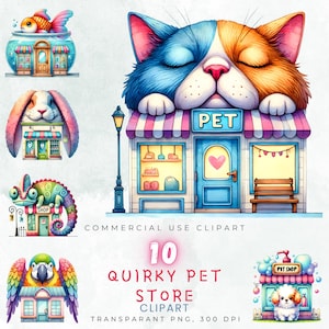 Clipart de tienda de mascotas peculiar, PNG de tienda de animales adorables, Arte de tienda de mascotas en acuarela, Boutique digital de mascotas, Uso comercial, Descarga instantánea, 300 DPI