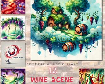Watercolor Wine Clipart Set, Vineyard Scene PNG (Digital Download)