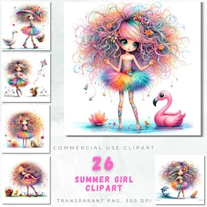 Lot de cliparts lunatique fille d'été avec des cheveux colorés et des animaux, 26 images PNG haute résolution pour la sublimation et des projets d'artisanat
