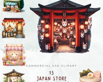 Clipart de escaparate japonés vintage: Mercado asiático retro PNG (descarga digital)