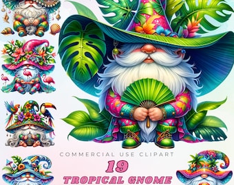 19 Tropischer Gnom, Clipart-Bundle mit transparentem Hintergrund, Sommerzwerg PNG-Dateien, niedliche Strandzwerg Illustrationen für Sublimation