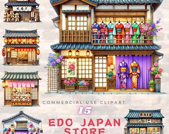 Conjunto de imágenes prediseñadas de tiendas de Japón Edo, tienda de kimonos, linterna y mercado de dulces (paquete PNG, uso comercial)